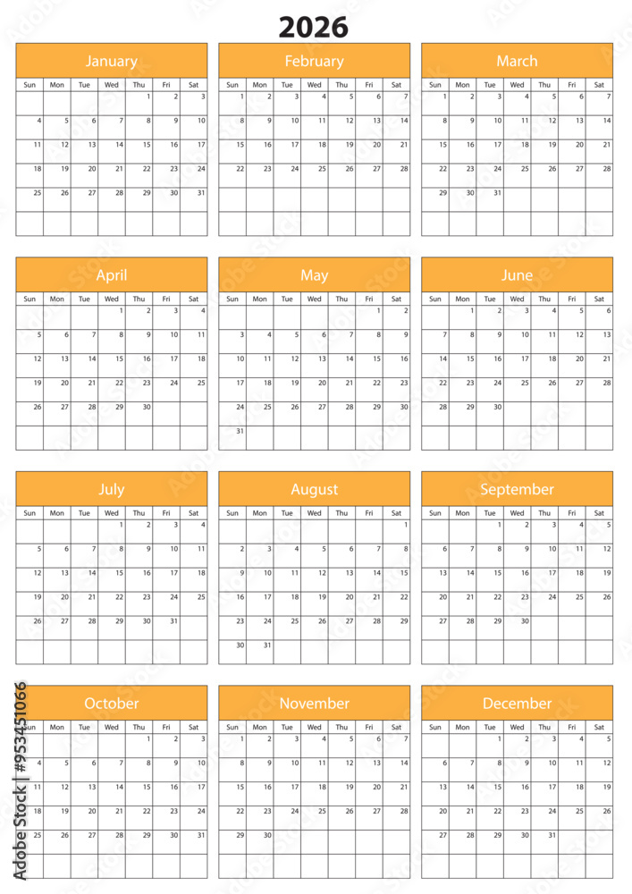 2026 Calendar Template. Vector calendar. Week starts sunday. Calendar template in minimal design 2026 Calendar Template. Vector calendar. Week starts sunday. Calendar template in minimal design