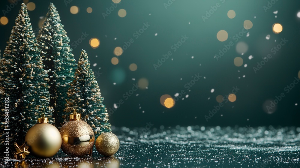 Fototapeta premium Christmas trees with gold christmas decoration on shiny green background 