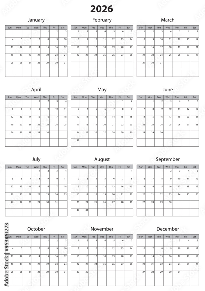 2026 Calendar Template. Vector calendar. Week starts sunday. Calendar template in minimal design 2026 Calendar Template. Vector calendar. Week starts sunday. Calendar template in minimal design