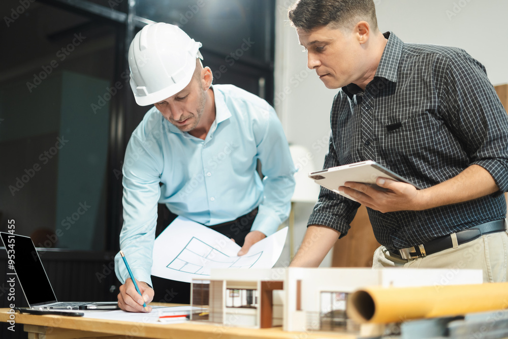 Architect or construction engineer caucasian plan on hard project at work, industry professional team. Architect or construction engineer caucasian plan on hard project at work, industry professional team.