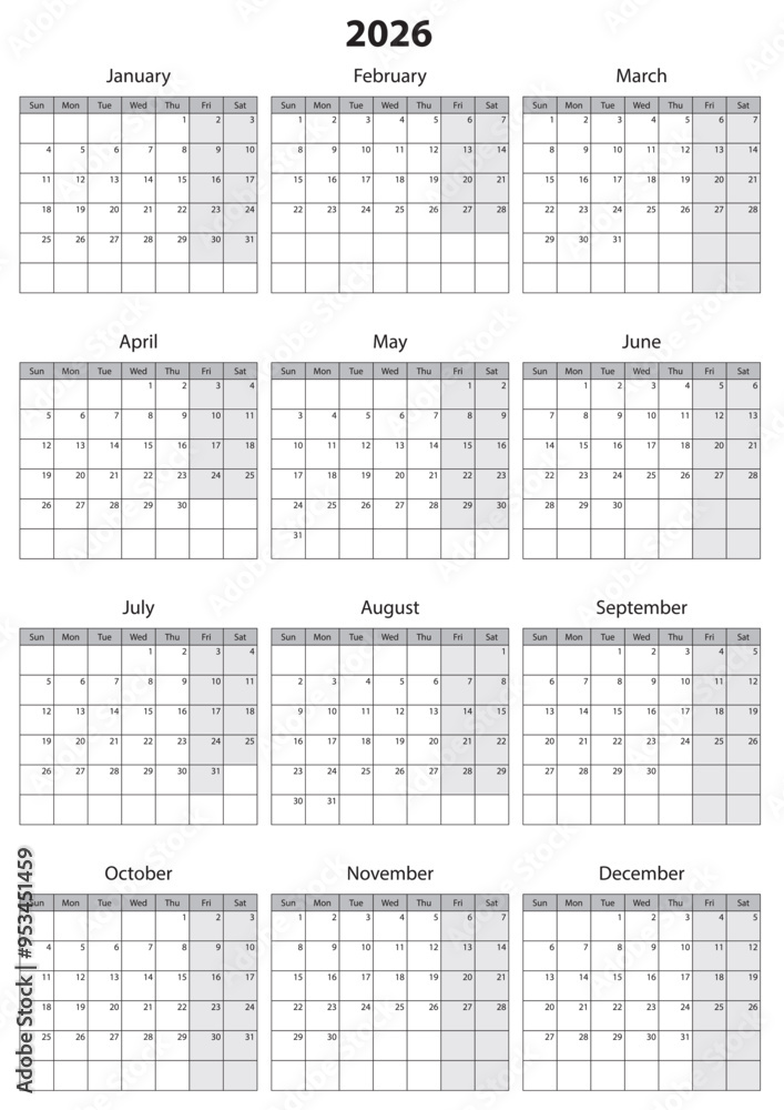 2026 Calendar Template. Vector calendar. Week starts sunday. Calendar template in minimal design 2026 Calendar Template. Vector calendar. Week starts sunday. Calendar template in minimal design