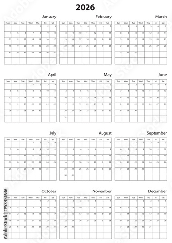 2026 Calendar Template. Vector calendar. Week starts sunday. Calendar template in minimal design
