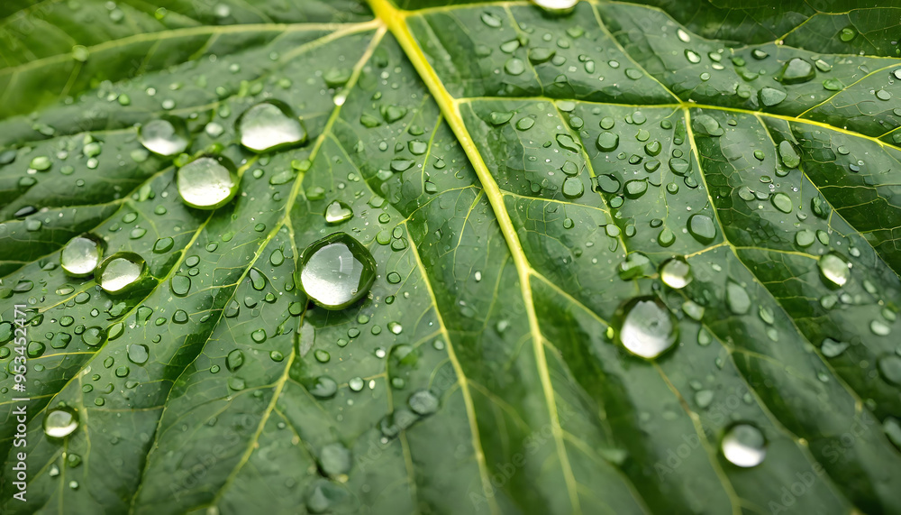 Fototapeta premium a closeup of dew on leaf in macro life background, raindrop on green leaf, a droplet