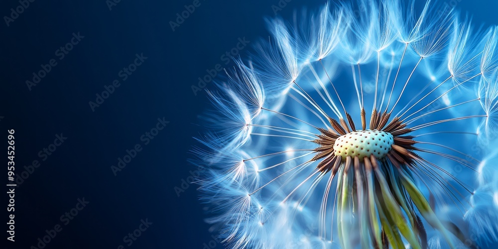 Fototapeta premium Dandelion seeds in the wind isolated on blue background.