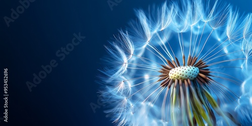 Dandelion seeds in the wind isolated on blue background.