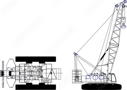 Vector sketch, silhouette illustration, design of a vehicle, car, construction, heavy equipment, excavator for lifting heavy loads