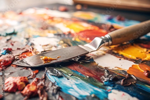 Close-up image of a colorful artist's palette with a painting knife resting on a medley of vibrant oil paint textures and colors. A perfect representation of creative expression and artistic tools.