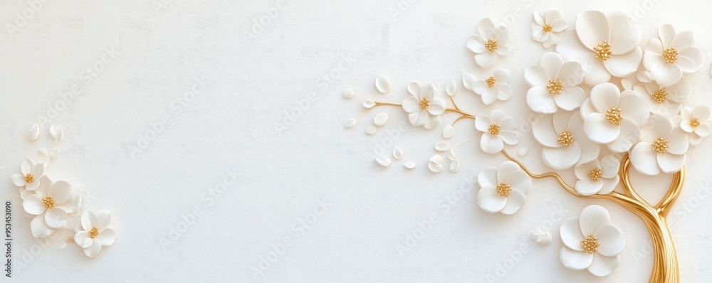 3D background of a flowering tree with golden stems and white blossoms 3D background of a flowering tree with golden stems and white blossoms