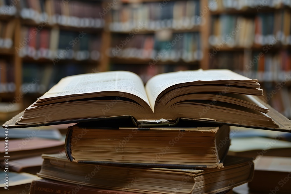 A stack of books with an open book on top in front of the blurred background of library shelves, symbolizing knowledge and education. A stack of books with an open book on top in front of the blurred background of library shelves, symbolizing knowledge and education.