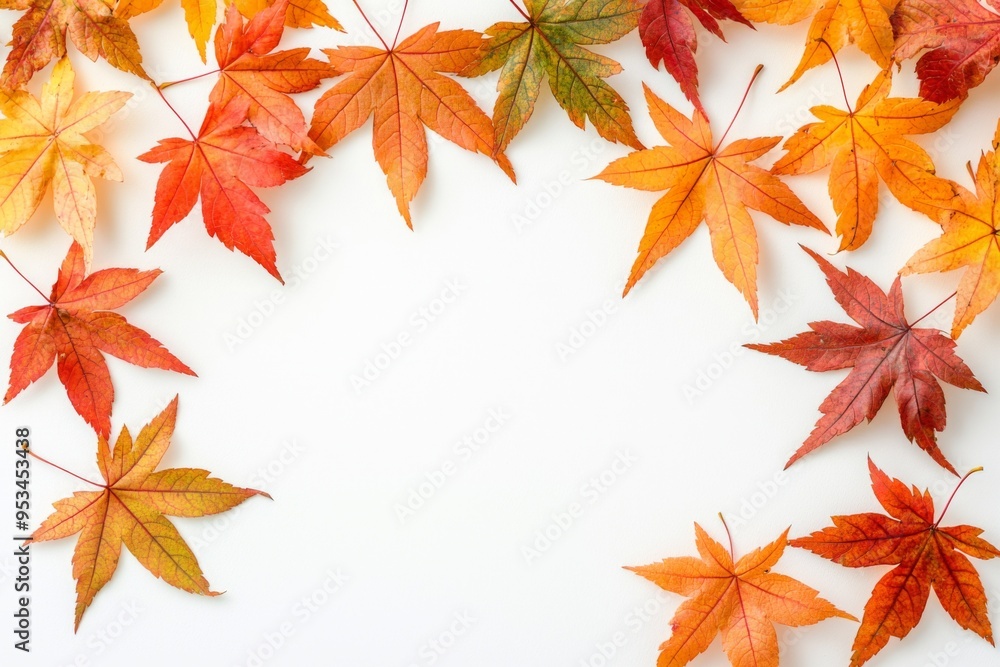 Autumn Maple Leaves Flat Lay White Background created with Generative AI Autumn Maple Leaves Flat Lay White Background created with Generative AI