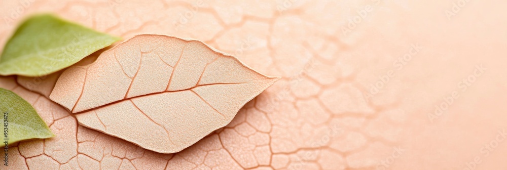 Fototapeta premium A leaf is on a tan surface