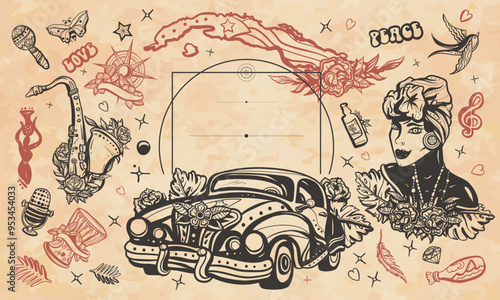 Cuba. Havana retro cars. Map, beautiful cuban woman, music. Old paper vector. Cover page template. Art background. Medieval manuscript style. History and culture, island of freedom