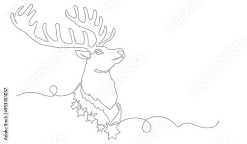Continuous line drawing abstract deer. Modern one line animal illustration, aesthetic contour. Head of Christmas Santa reindeer for greeting cards, prints, poster, sticker, logo. banner. Vector.