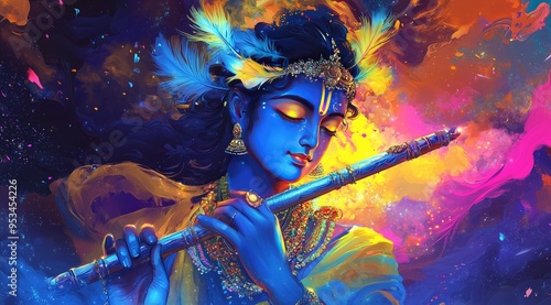 Digital Illustration of Lord Krishna with Flute in a Colorful Universe
