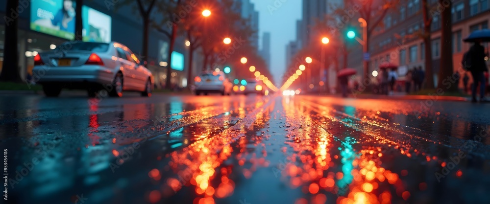 Naklejka premium Rainy Day Traffic Lights Reflecting on Wet Pavement