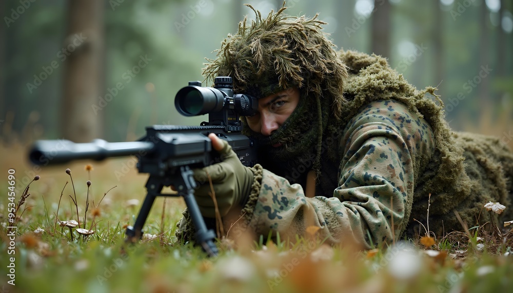 Stealthy Aim Sniper in a Camouflaged Position Ready to Take the Shot Stealthy Aim Sniper in a Camouflaged Position Ready to Take the Shot