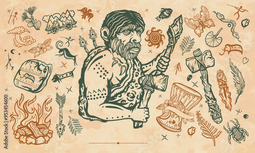 Stone age frame. Cave man neanderthal, hunting mammoth. Old paper vector. Neolithic and paleolithic elements. Cover page template. Cave man neanderthal, hunting mammoth. Background