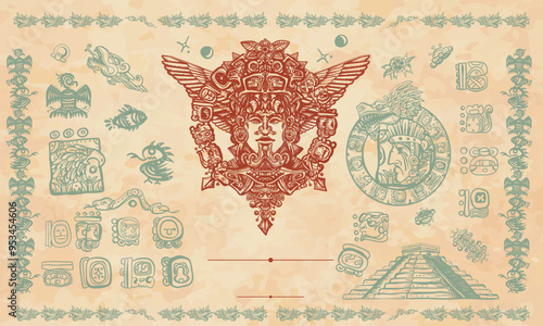 Mayan pyramids, glyphs and old totem. Chichen Itza. Ancient civilization. Aztecs, Incas. Old paper vector. Cover page template. Art background. Medieval manuscript style