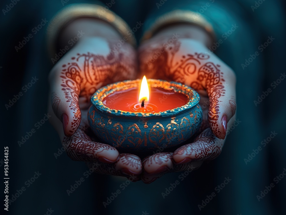 Exquisite Henna Art on Hands Holding a Red Oil Lamp for Diwali, Traditional Indian Jewelry and Bangles, Celebrating Festival of Lights with Heart-Shaped Candle Bowl Exquisite Henna Art on Hands Holding a Red Oil Lamp for Diwali, Traditional Indian Jewelry and Bangles, Celebrating Festival of Lights with Heart-Shaped Candle Bowl