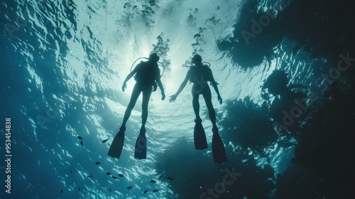 Two Divers Ascending Toward Sunlight in Deep Ocean 