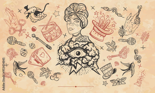 Circus. Fortune teller woman, magic trick, rabbit in a magician hat. Old paper vector. Cover page template. Art background. Medieval manuscript style