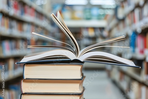 A stack of books with an open book on top in front of the blurred background of library shelves, symbolizing knowledge and education.  photo