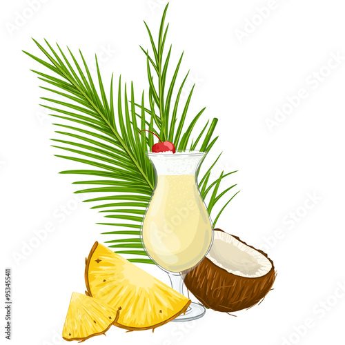 Tropical composition with refreshing pina colada cocktail, pineapple, palm leaves, coconut. Vector illustration for beach bar menu. Cruise vacation, summer holidays, party, cafe, vacation print design