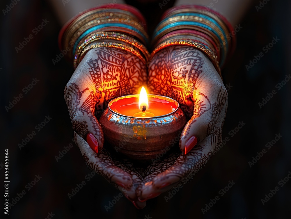 Exquisite Henna Art on Hands Holding a Red Oil Lamp for Diwali, Traditional Indian Jewelry and Bangles, Celebrating Festival of Lights with Heart-Shaped Candle Bowl Exquisite Henna Art on Hands Holding a Red Oil Lamp for Diwali, Traditional Indian Jewelry and Bangles, Celebrating Festival of Lights with Heart-Shaped Candle Bowl