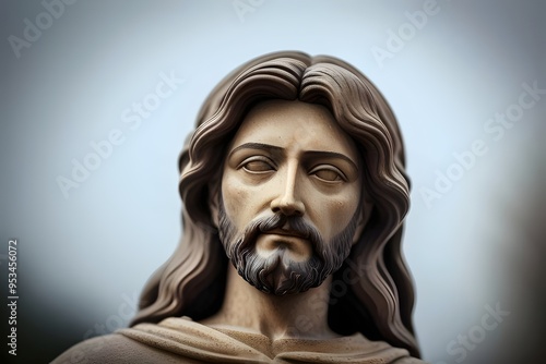 a close-up image of a jesus cement, ceramic, statue, sculpture, religious, figure, art, cross, halo, detailed, texture, stone, carving, face, expression, craftsmanship, holy, sacred, hands, robe