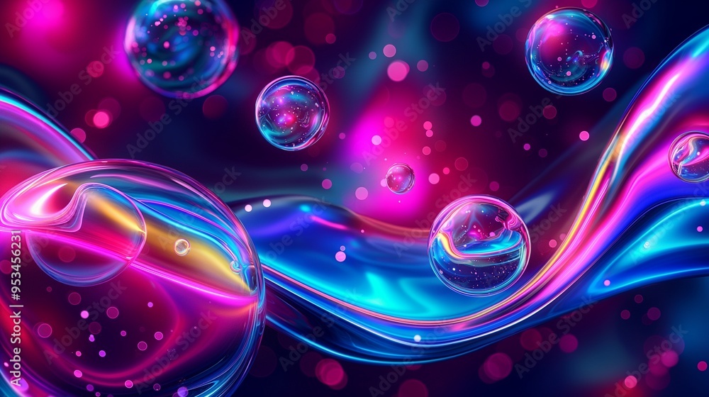 An abstract design of swirling liquid in bright neon colors with large, floating bubbles, creating a dynamic and playful atmosphere. An abstract design of swirling liquid in bright neon colors with large, floating bubbles, creating a dynamic and playful atmosphere.