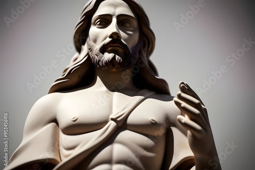 a close-up image of a jesus cement, ceramic, statue,  sculpture, religious, figure, art, cross, halo, detailed, texture, stone, carving, face, expression, craftsmanship, holy, sacred, hands, robe photo