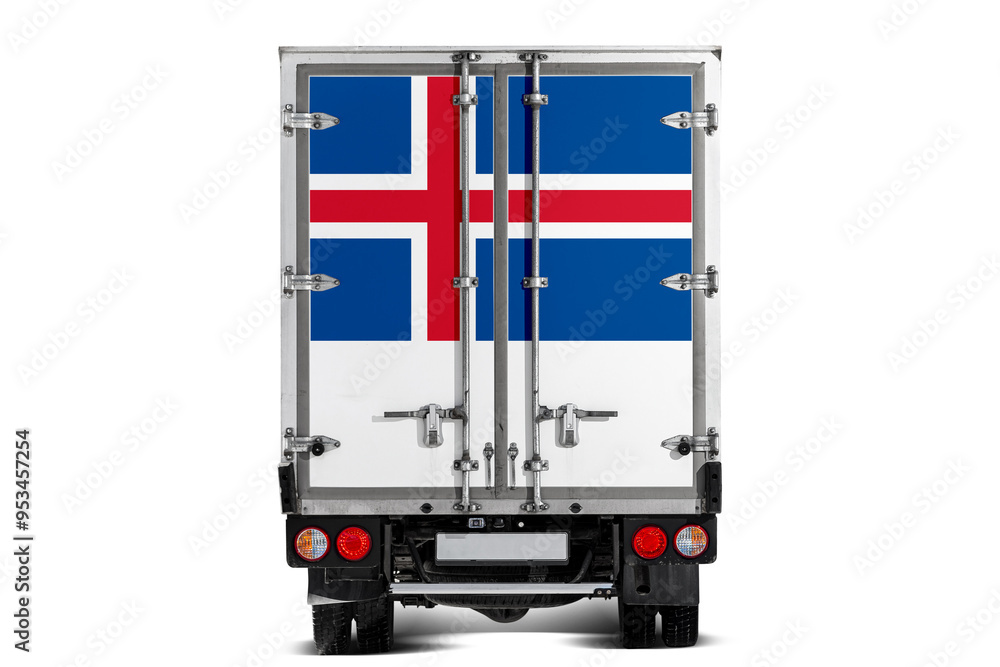 A truck with the national flag of Iceland depicted on the tailgate drives against a white background. Concept of export-import, transportation, national delivery of goods A truck with the national flag of Iceland depicted on the tailgate drives against a white background. Concept of export-import, transportation, national delivery of goods