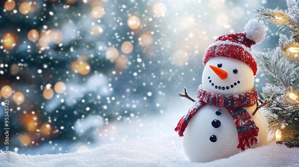 Christmas background with snowman and trees Christmas background with snowman and trees