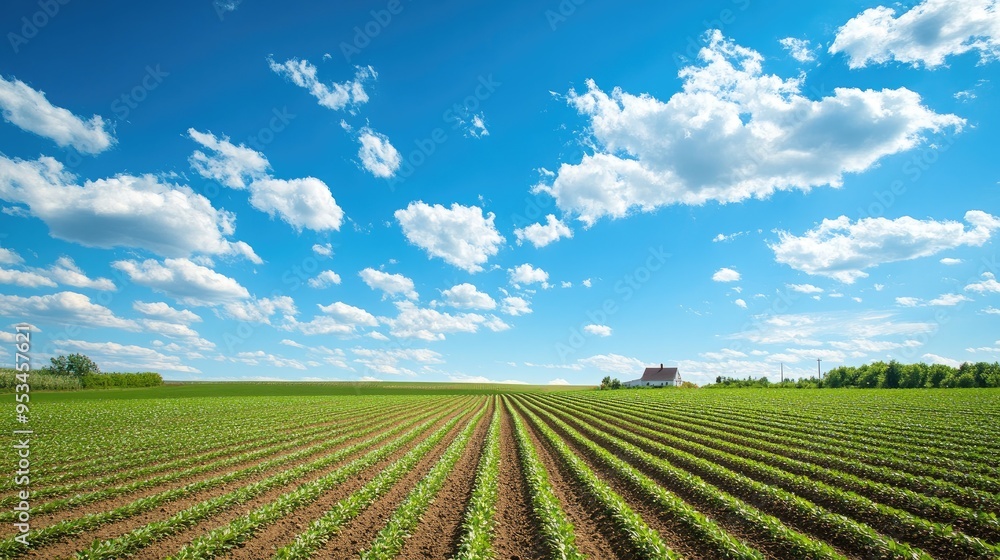 A rural landscape featuring neat crop rows, a farmhouse, and a bright blue sky with scattered clouds A rural landscape featuring neat crop rows, a farmhouse, and a bright blue sky with scattered clouds