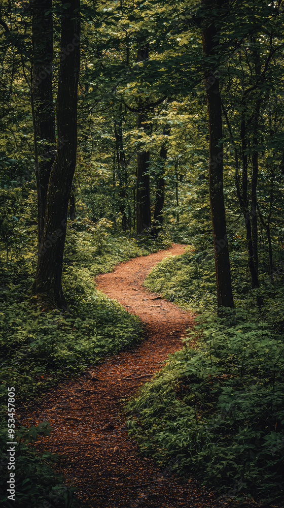 A Winding Path Through Sunlight Dappled Forest A Winding Path Through Sunlight Dappled Forest