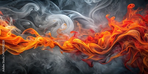 Vibrant orange and red flames dance across charred gray skies, swirling in abstract patterns as wispy tendrils of smoke ascend in slow, deliberate motion. photo