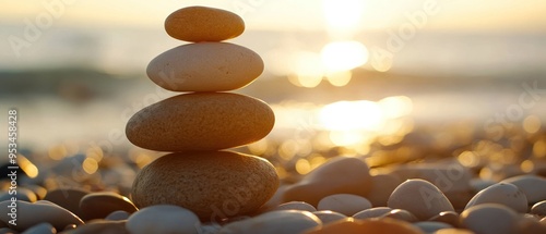 stack of zen stones on the beach, sunset and ocean in the background photo