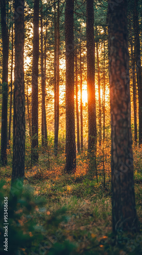 Sunbeams Dance Through a Golden Hour Forest, Painting the Trees in a Warm Glow.