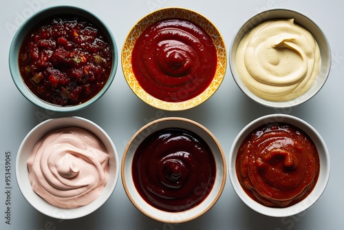 Diverse Culinary Sauces in Bowls Against a Clear Background