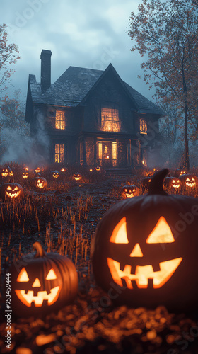 A haunting sight: Jack-o-lanterns illuminate the path leading to a mysterious, dimly lit house, shrouded in fog, a perfect Halloween scene.