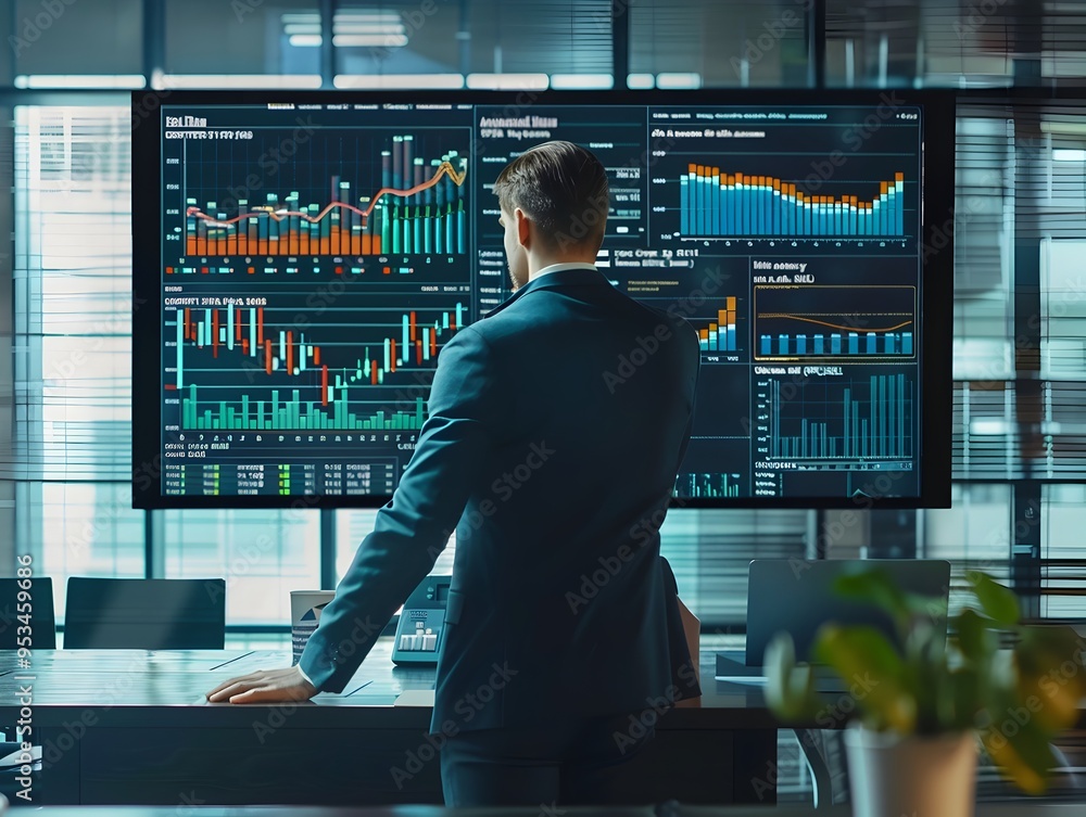 Fototapeta premium Focused Businessperson Analyzing Financial Data and Charts on Large Screen
