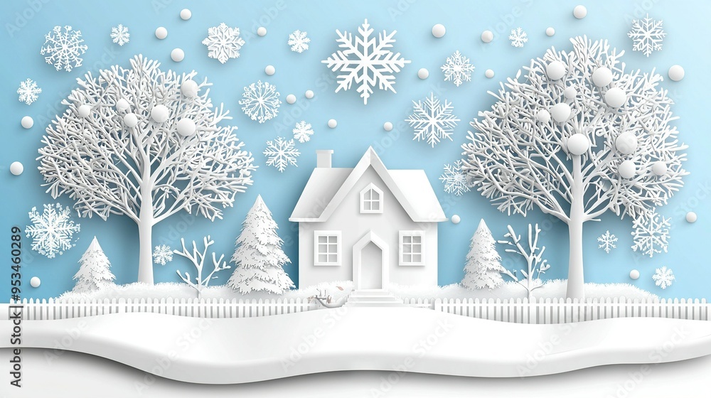 A snowy house with falling snowflakes and tree branches covered in snow A snowy house with falling snowflakes and tree branches covered in snow