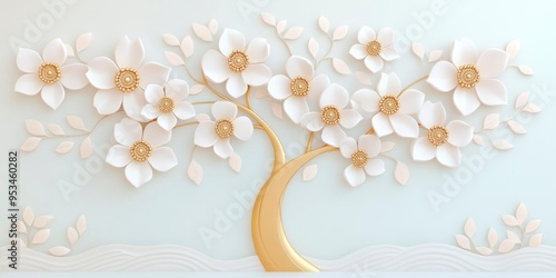 3D background of a flowering tree with golden stems and white blossoms