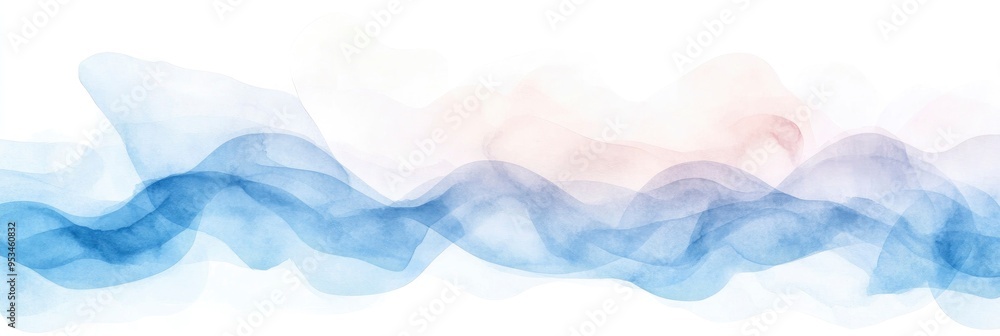 Fototapeta premium Blue watercolor painting of wavy texture with leaves on white background