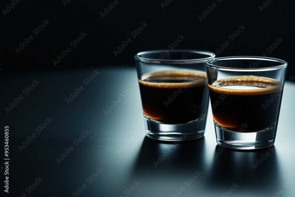 Two glasses of rich dark espresso on a sleek, minimalist surface, creating a moody and sophisticated ambiance. Two glasses of rich dark espresso on a sleek, minimalist surface, creating a moody and sophisticated ambiance.