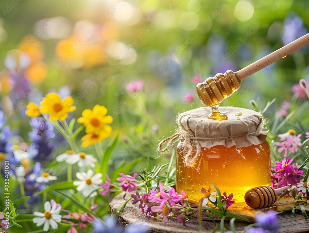 Honey Jar Surrounded by Vibrant Wildflowers Natural Organic Beekeeping and Food Concept Honey Jar Surrounded by Vibrant Wildflowers Natural Organic Beekeeping and Food Concept