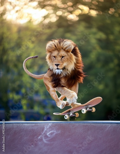 lion faisant du skate bord dans un skate park en illustration ia photo