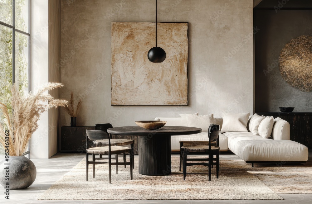 modern, luxurious dining room with a beige and black color scheme modern, luxurious dining room with a beige and black color scheme