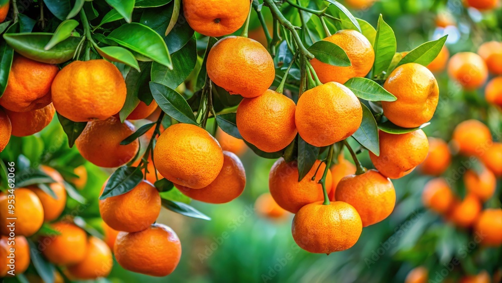 Vibrant orange Unshiu Mandarin fruits hang from a branch, their glossy skin and leafy greens a testament to their ripe, juicy sweetness and freshness. Vibrant orange Unshiu Mandarin fruits hang from a branch, their glossy skin and leafy greens a testament to their ripe, juicy sweetness and freshness.
