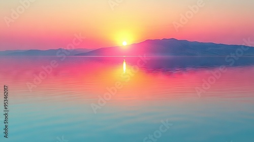  A vast expanse of water bathed in sunlight, with majestic mountains visible in the background